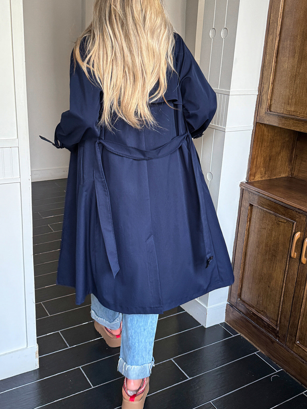 Double Breasted Belted Longline Trench Coat - DarkBlue - 1