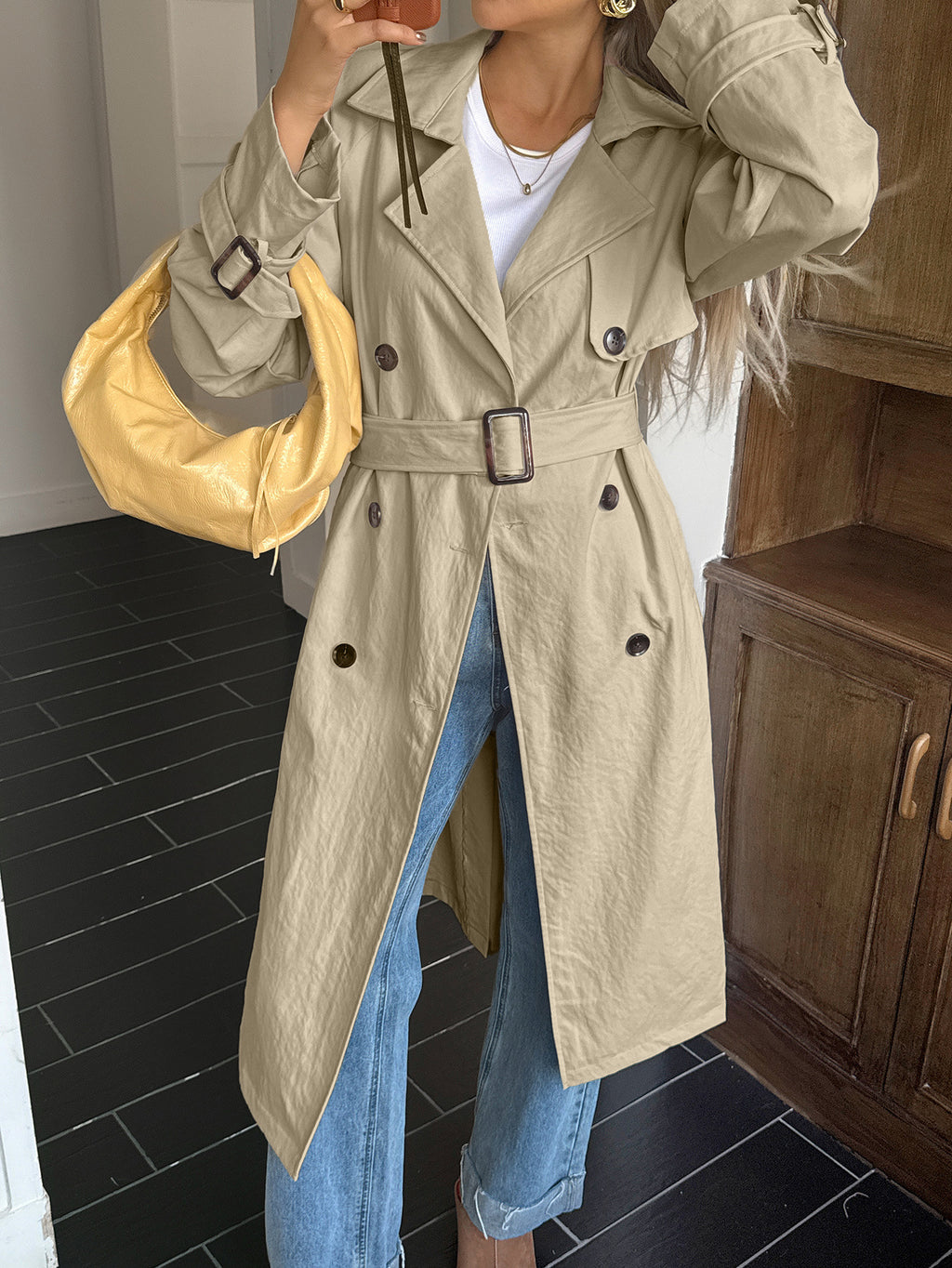 Double Breasted Belted Longline Trench Coat - Khaki - 1