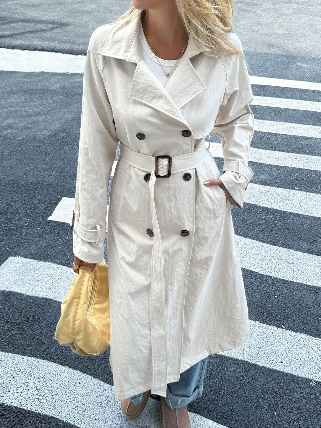 Double Breasted Belted Longline Trench Coat - White