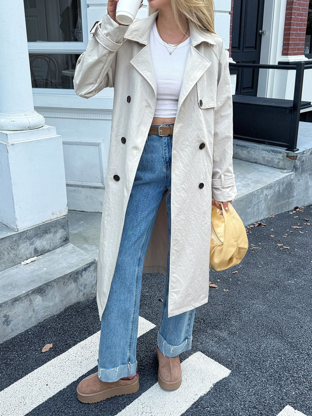 Double Breasted Belted Longline Trench Coat - White - 2