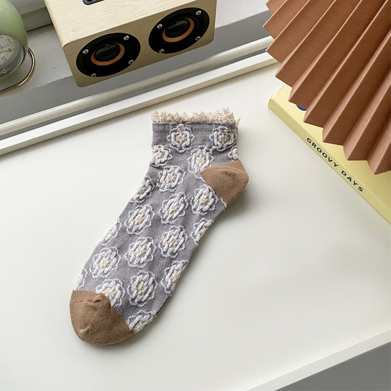 Rosette Jacquard Lace Cuff Ankle Socks - Khaki - 1