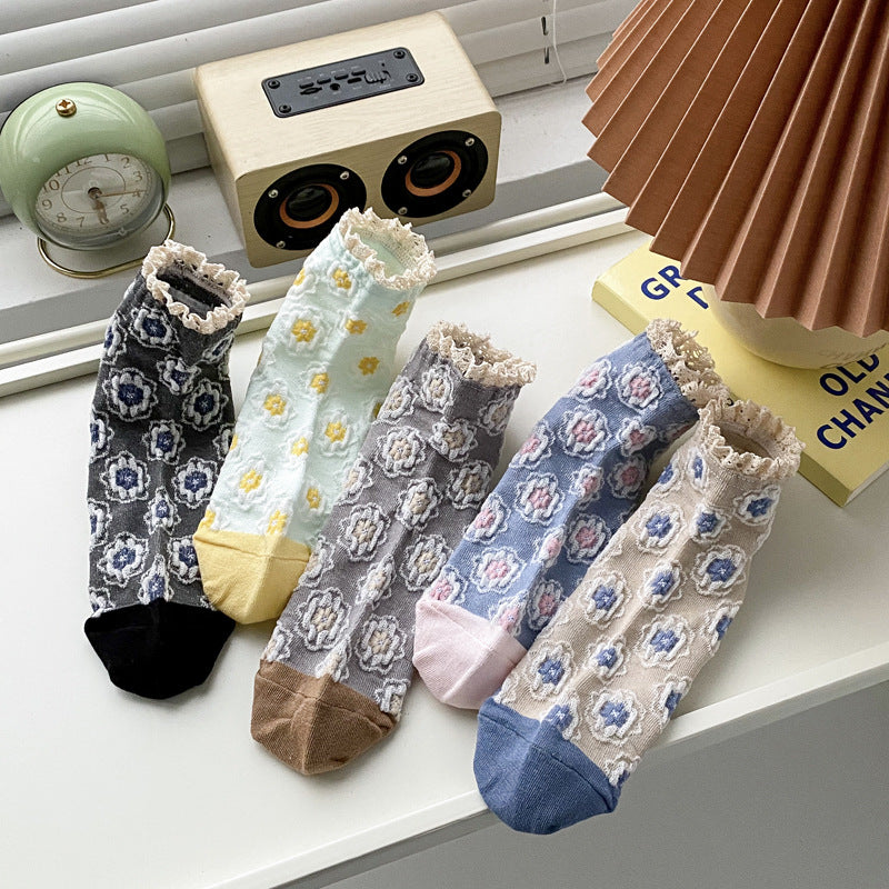 Rosette Jacquard Lace Cuff Ankle Socks - Khaki - 3