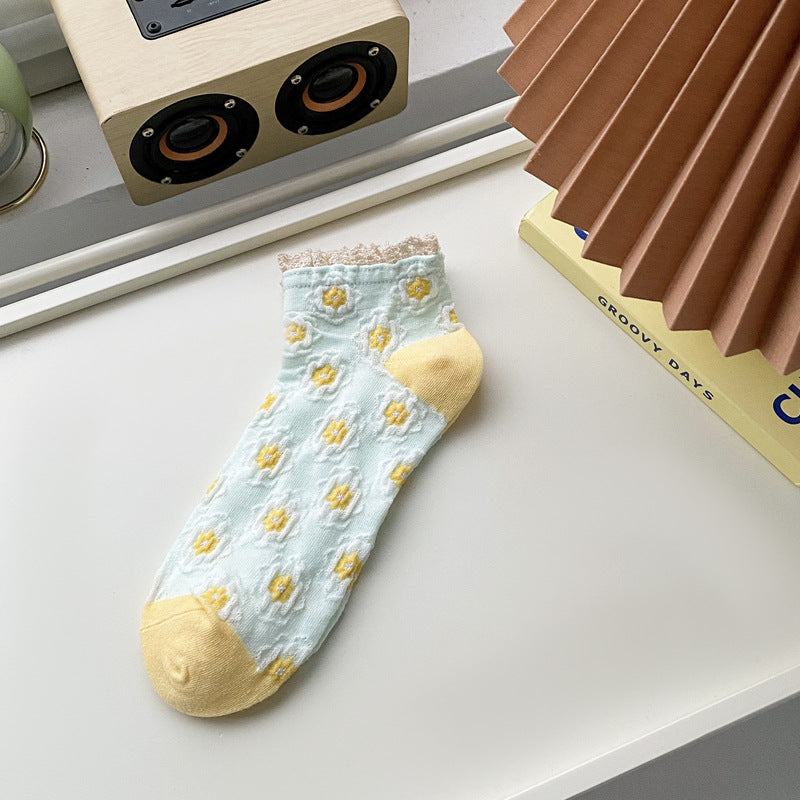 Rosette Jacquard Lace Cuff Ankle Socks - Yellow
