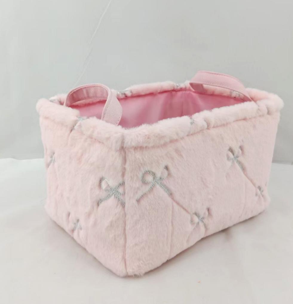 Textured Bow Motif Top Handle Storage Bag - Pink