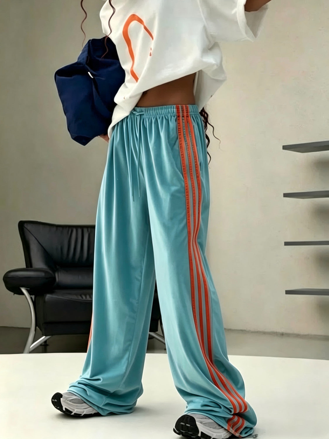 Velvet Contrast Stripe Drawstring Baggy Track Pants - Cyan
