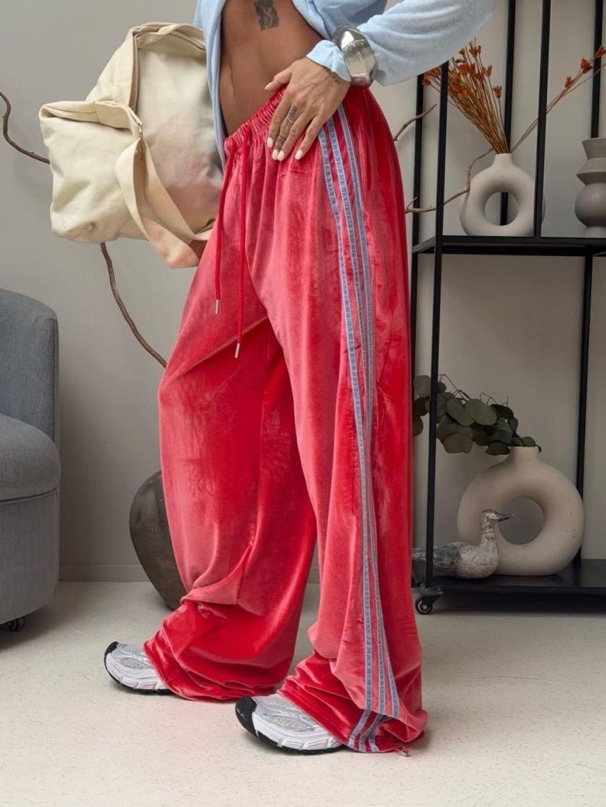 Velvet Contrast Stripe Drawstring Baggy Track Pants - Red