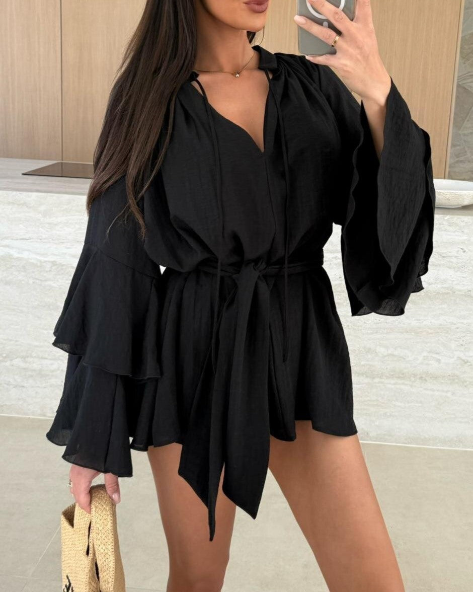 Ruffle Sleeve Tie Waist Mini Dress - Black