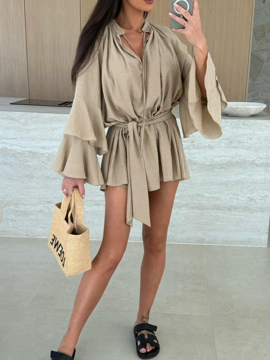 Ruffle Sleeve Tie Waist Mini Dress - Khaki