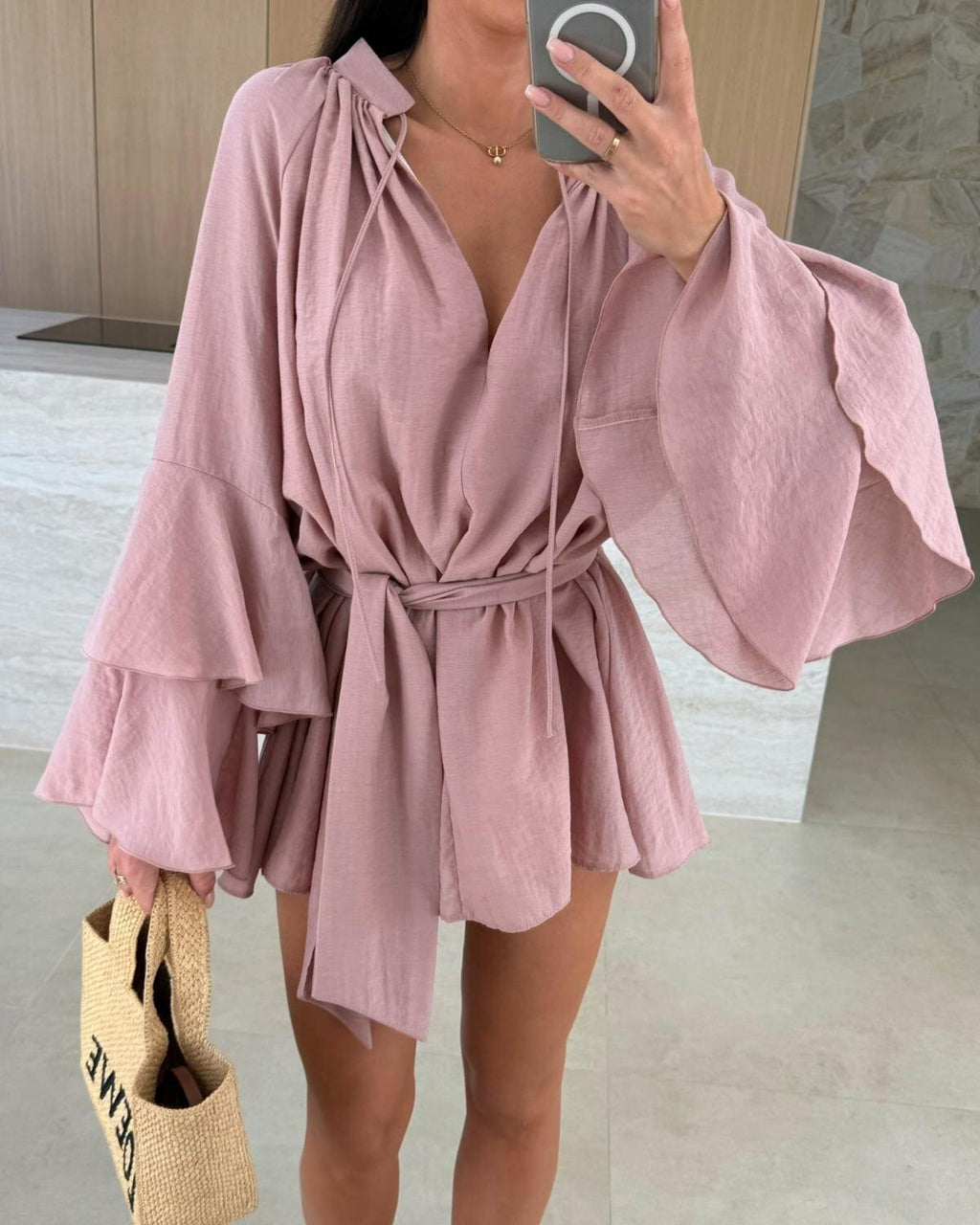 Ruffle Sleeve Tie Waist Mini Dress - Pink