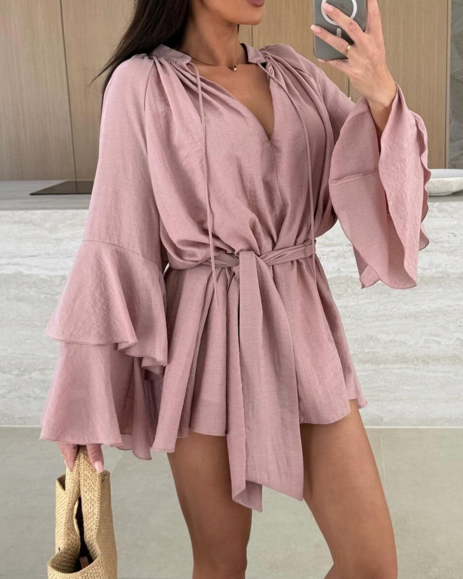 Ruffle Sleeve Tie Waist Mini Dress - Pink - 1