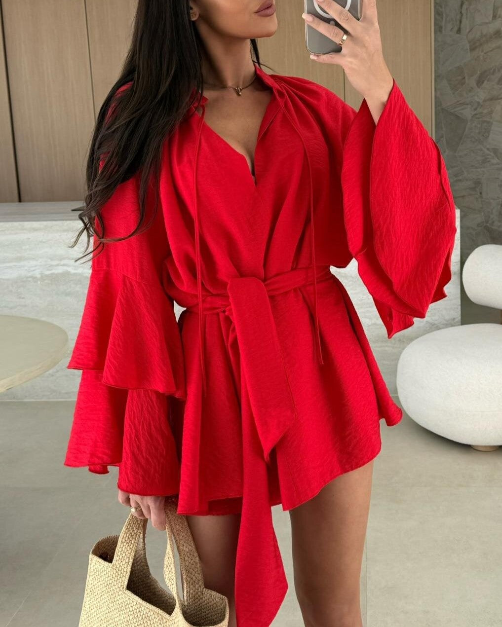 Ruffle Sleeve Tie Waist Mini Dress - Red