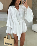Ruffle Sleeve Tie Waist Mini Dress - White