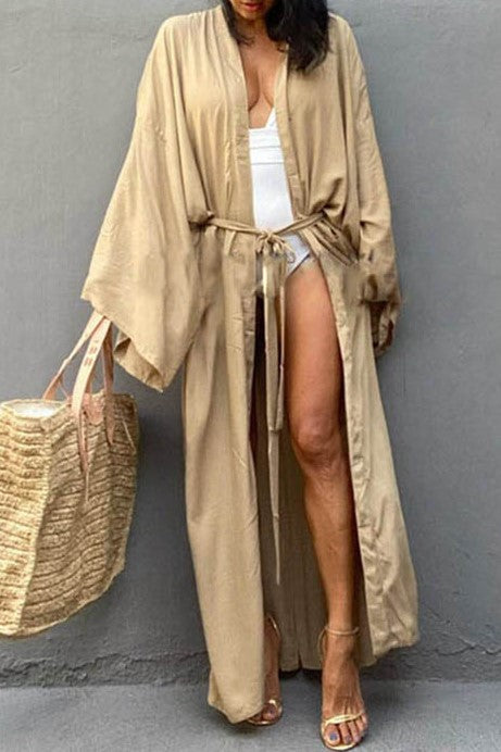 Draped Wide Sleeve Long Beach Robe - Beige