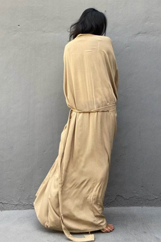 Draped Wide Sleeve Long Beach Robe - Beige - 2