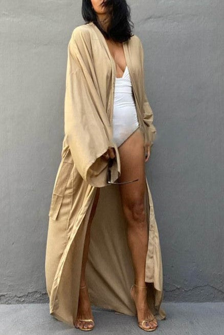 Draped Wide Sleeve Long Beach Robe - Beige - 3