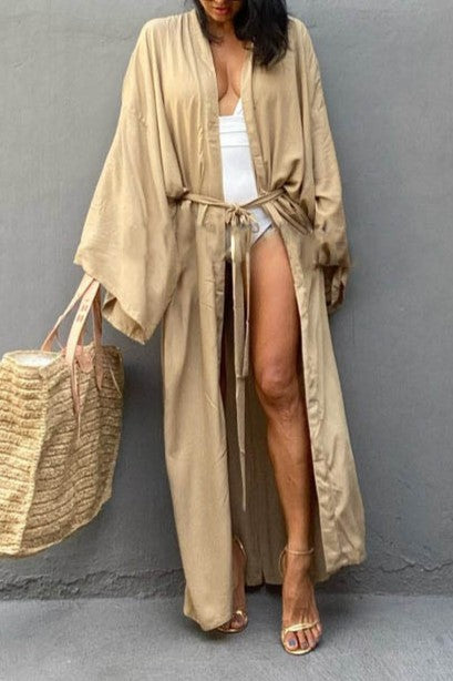 Draped Wide Sleeve Long Beach Robe - Beige - 4