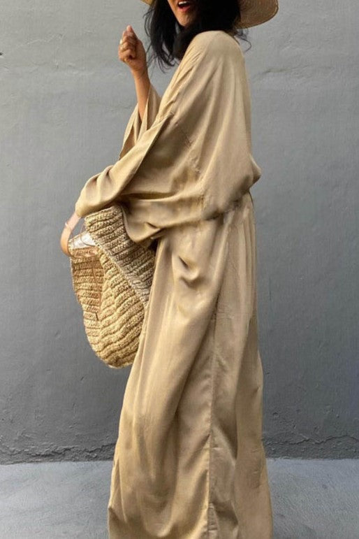 Draped Wide Sleeve Long Beach Robe - Beige - 5