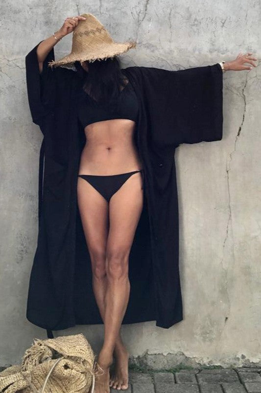 Draped Wide Sleeve Long Beach Robe - Black