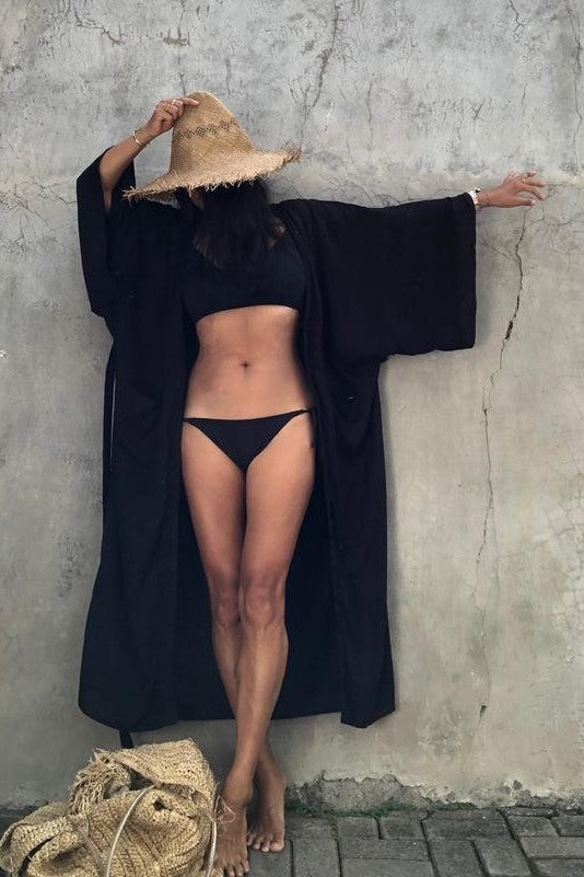 Draped Wide Sleeve Long Beach Robe - Black - 1