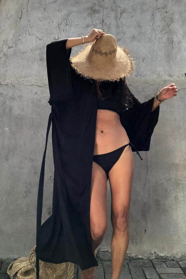 Draped Wide Sleeve Long Beach Robe - Black - 2