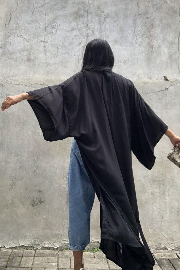 Draped Wide Sleeve Long Beach Robe - Black - 3