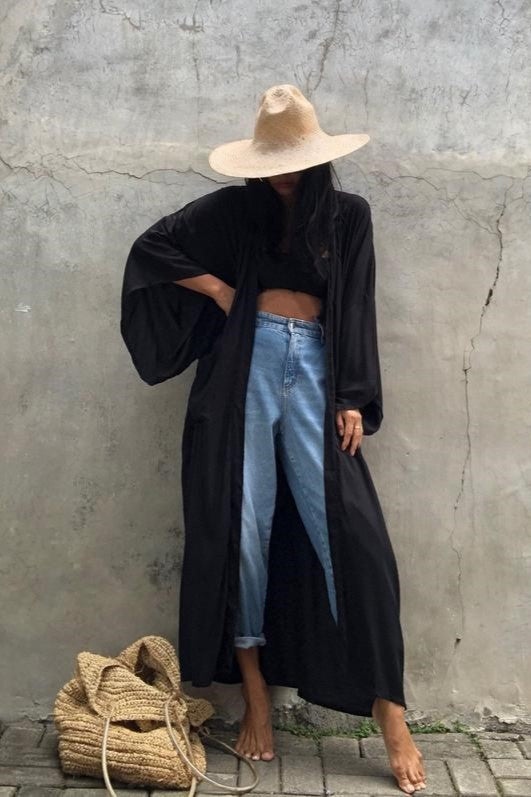 Draped Wide Sleeve Long Beach Robe - Black - 4