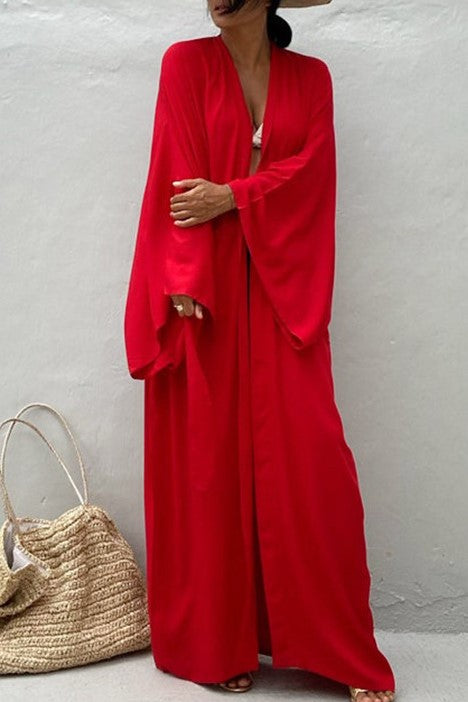 Draped Wide Sleeve Long Beach Robe - Red