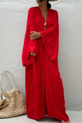 Draped Wide Sleeve Long Beach Robe - Red