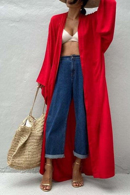 Draped Wide Sleeve Long Beach Robe - Red - 1