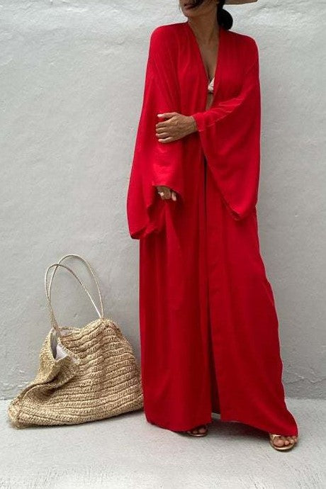Draped Wide Sleeve Long Beach Robe - Red - 2