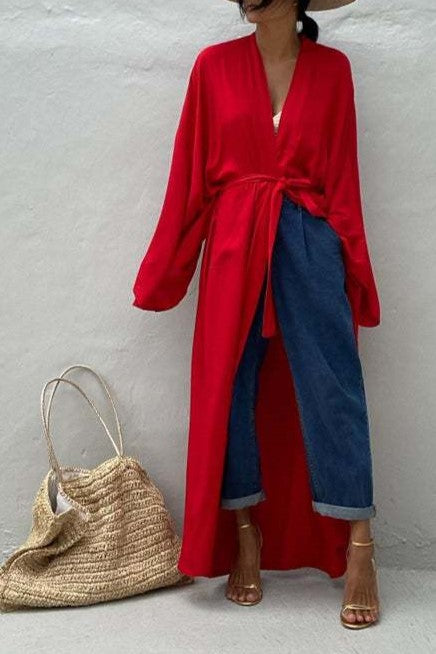 Draped Wide Sleeve Long Beach Robe - Red - 3