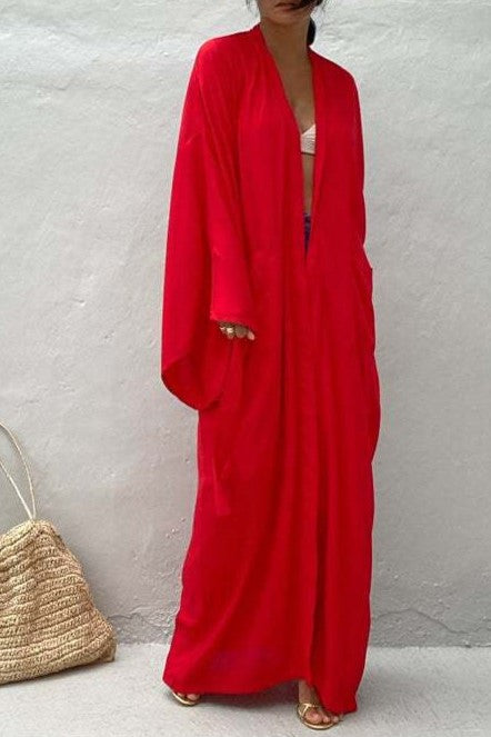 Draped Wide Sleeve Long Beach Robe - Red - 4