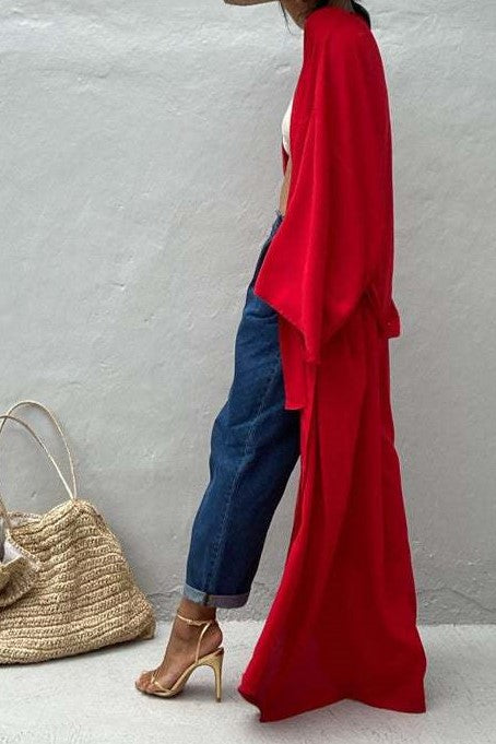 Draped Wide Sleeve Long Beach Robe - Red - 5