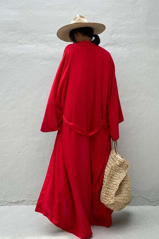 Draped Wide Sleeve Long Beach Robe - Red - 6