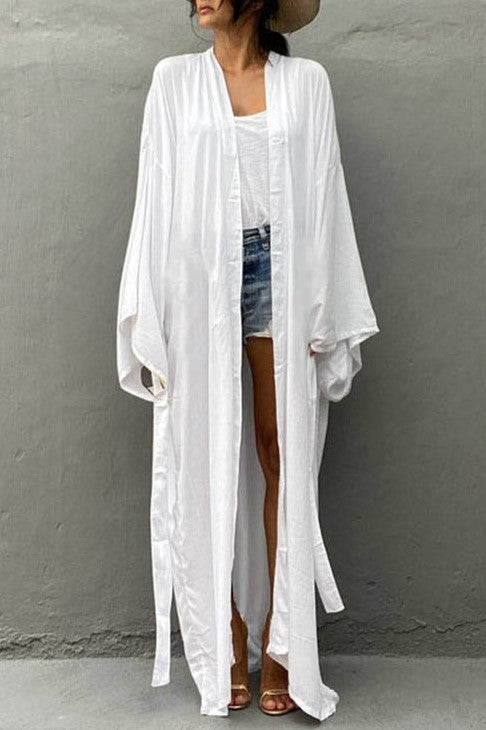 Draped Wide Sleeve Long Beach Robe - White - 1