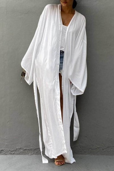 Draped Wide Sleeve Long Beach Robe - White - 2
