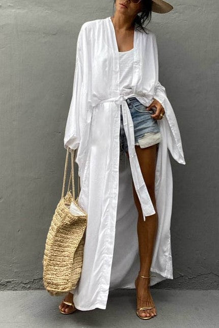 Draped Wide Sleeve Long Beach Robe - White - 3