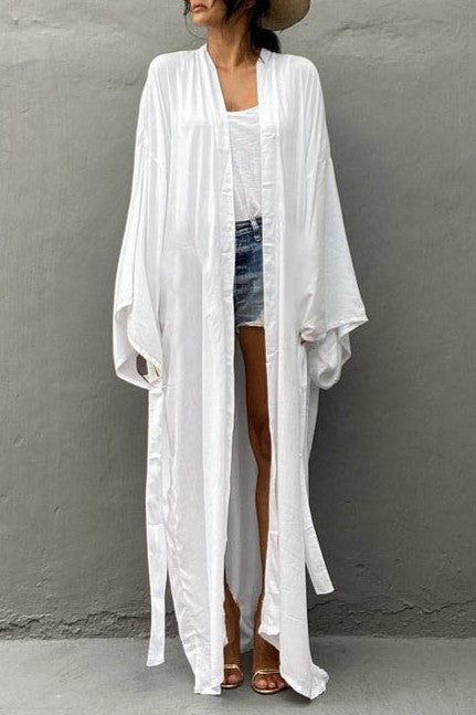 Draped Wide Sleeve Long Beach Robe - White - 4