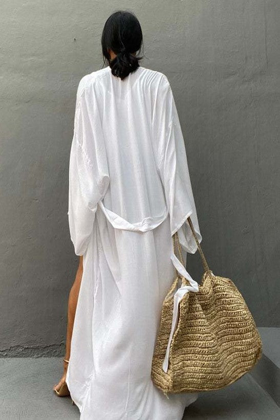 Draped Wide Sleeve Long Beach Robe - White - 5