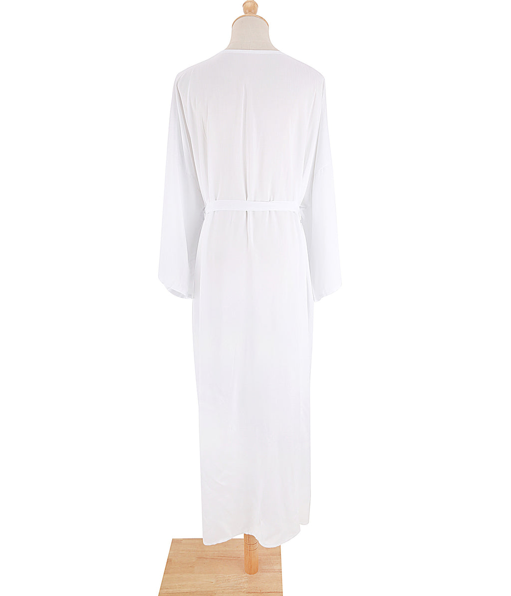 Draped Wide Sleeve Long Beach Robe - White - 7