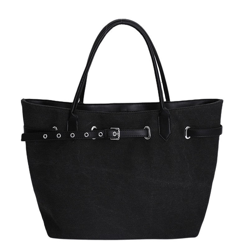 Oversized Belted Canvas Tote Bag - Black