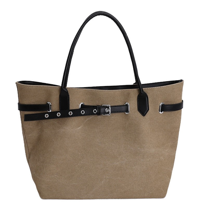 Oversized Belted Canvas Tote Bag - Khaki