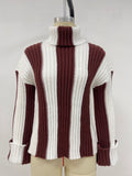 Colorblock Ribbed Turtleneck Knit Sweater - Coffee