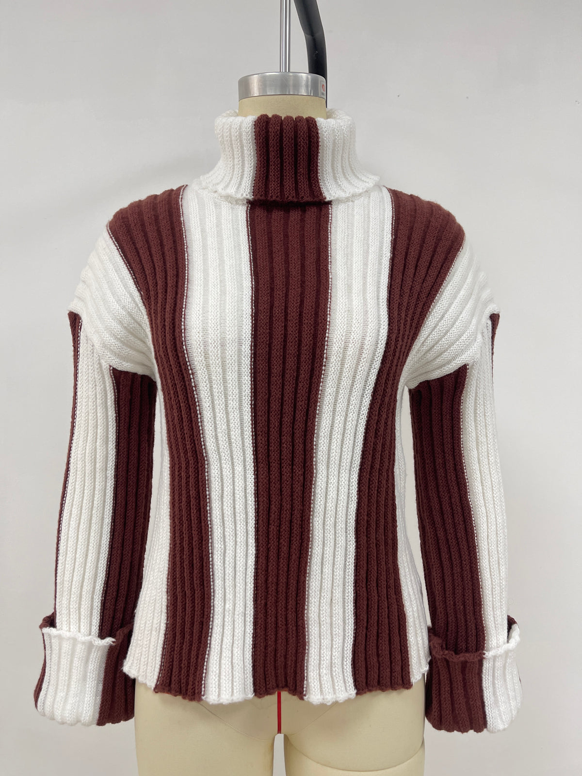 Colorblock Ribbed Turtleneck Knit Sweater - Coffee