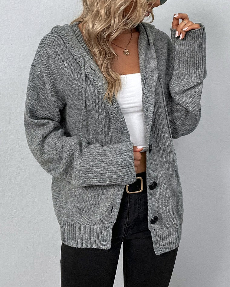 Drawstring Hooded Button-Up Knit Cardigan - Gray