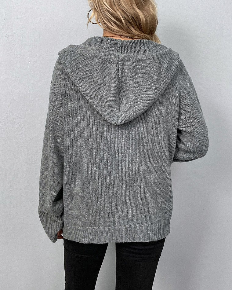Drawstring Hooded Button-Up Knit Cardigan - Gray - 2