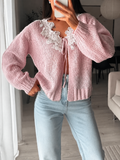 Lace Collar Chunky Knit Button Cardigan - Pink