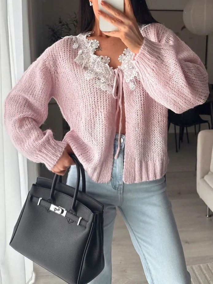 Lace Collar Chunky Knit Button Cardigan - Pink - 1