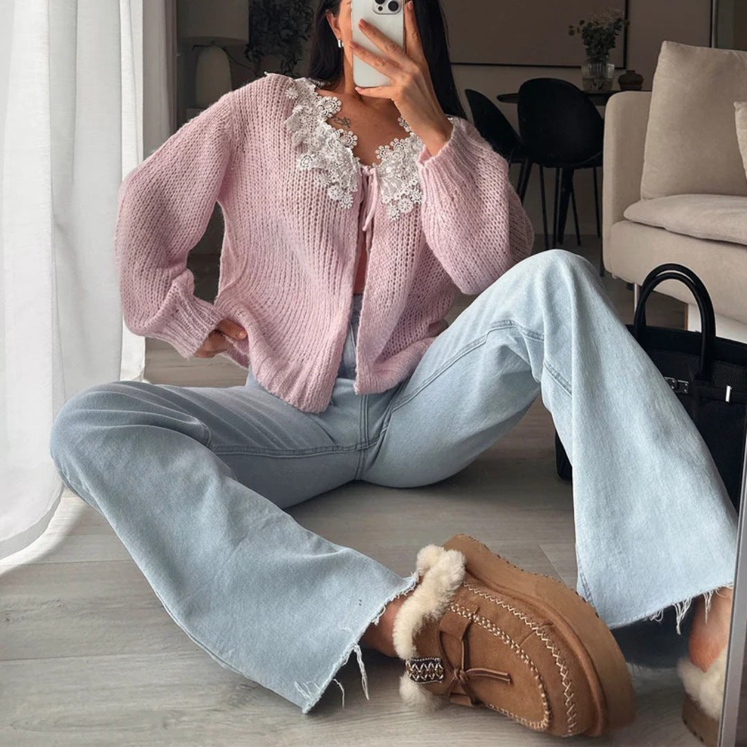 Lace Collar Chunky Knit Button Cardigan - Pink - 2