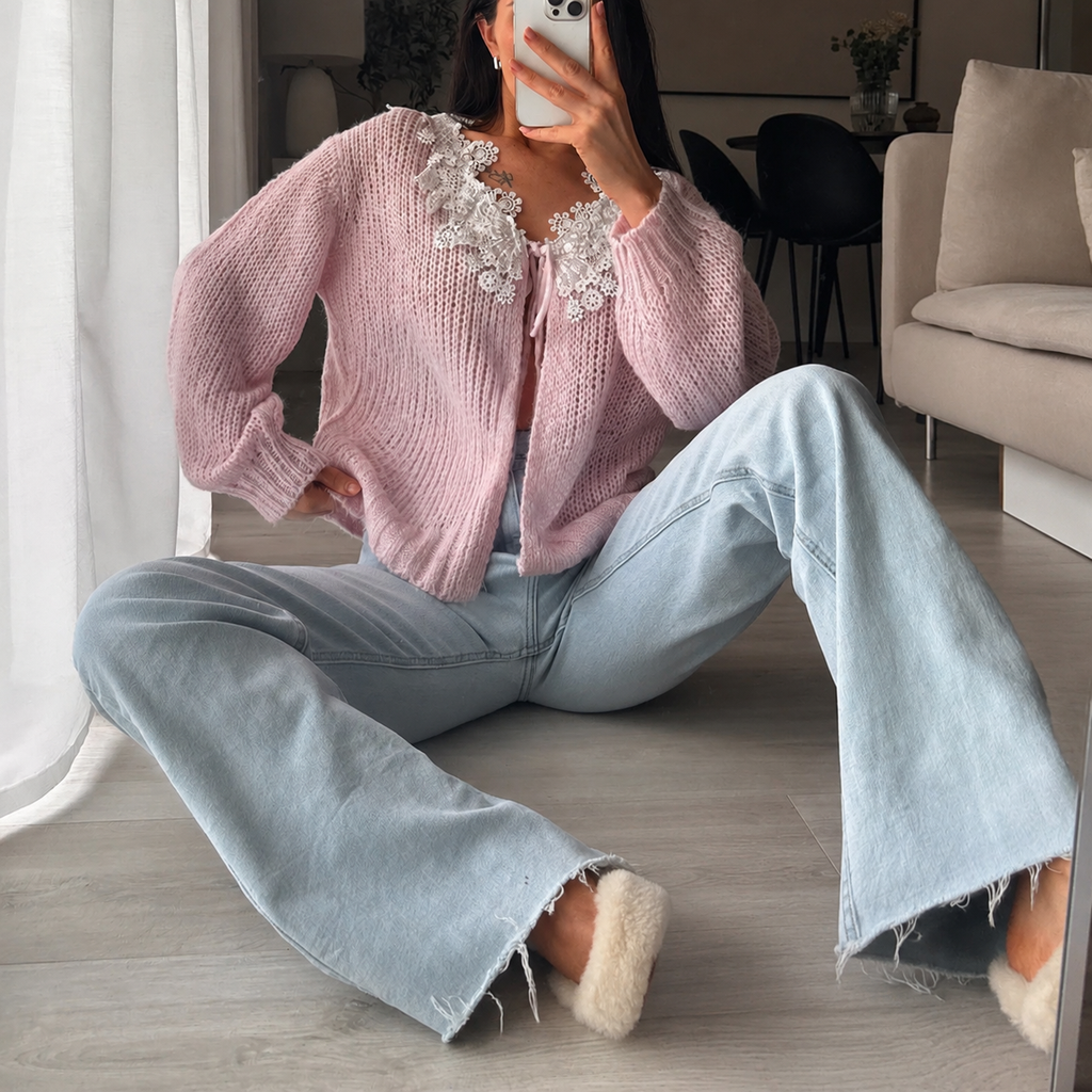 Lace Collar Chunky Knit Button Cardigan - Pink - 3